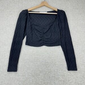 ASTR The Label‎ Shirt Womens Small Black Textured Long Sleeve Ruched Crop Top